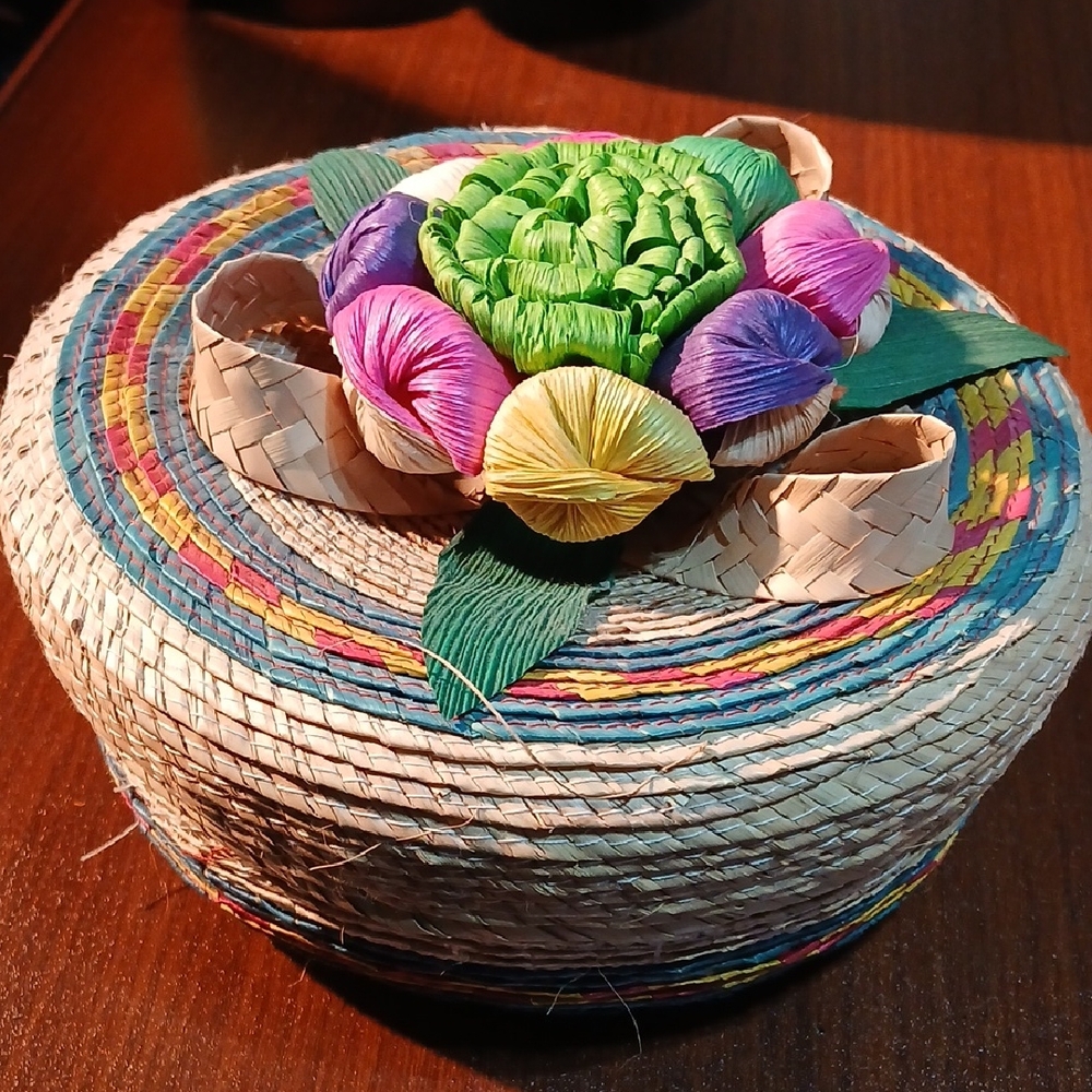 Colorful Woven Basket with Floral Design